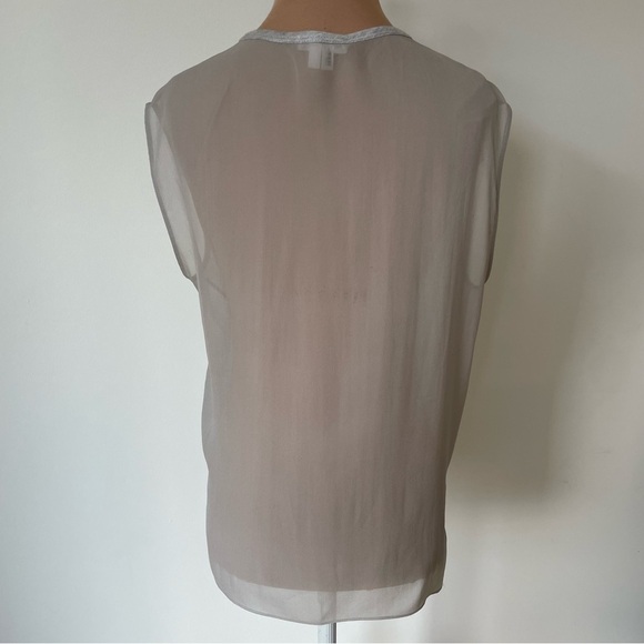 Helmut Lang Dash Silk-Chiffon Combo Gray Round Neck Semi Sheer Blouse Size Small - Picture 4 of 8